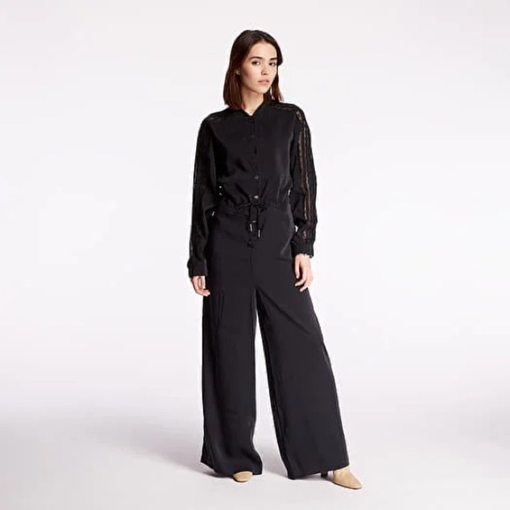 Adidas Originals Bellista Black Long Sleeve Lace Insert Wide-Leg Jumpsuit - Picture 2 of 8